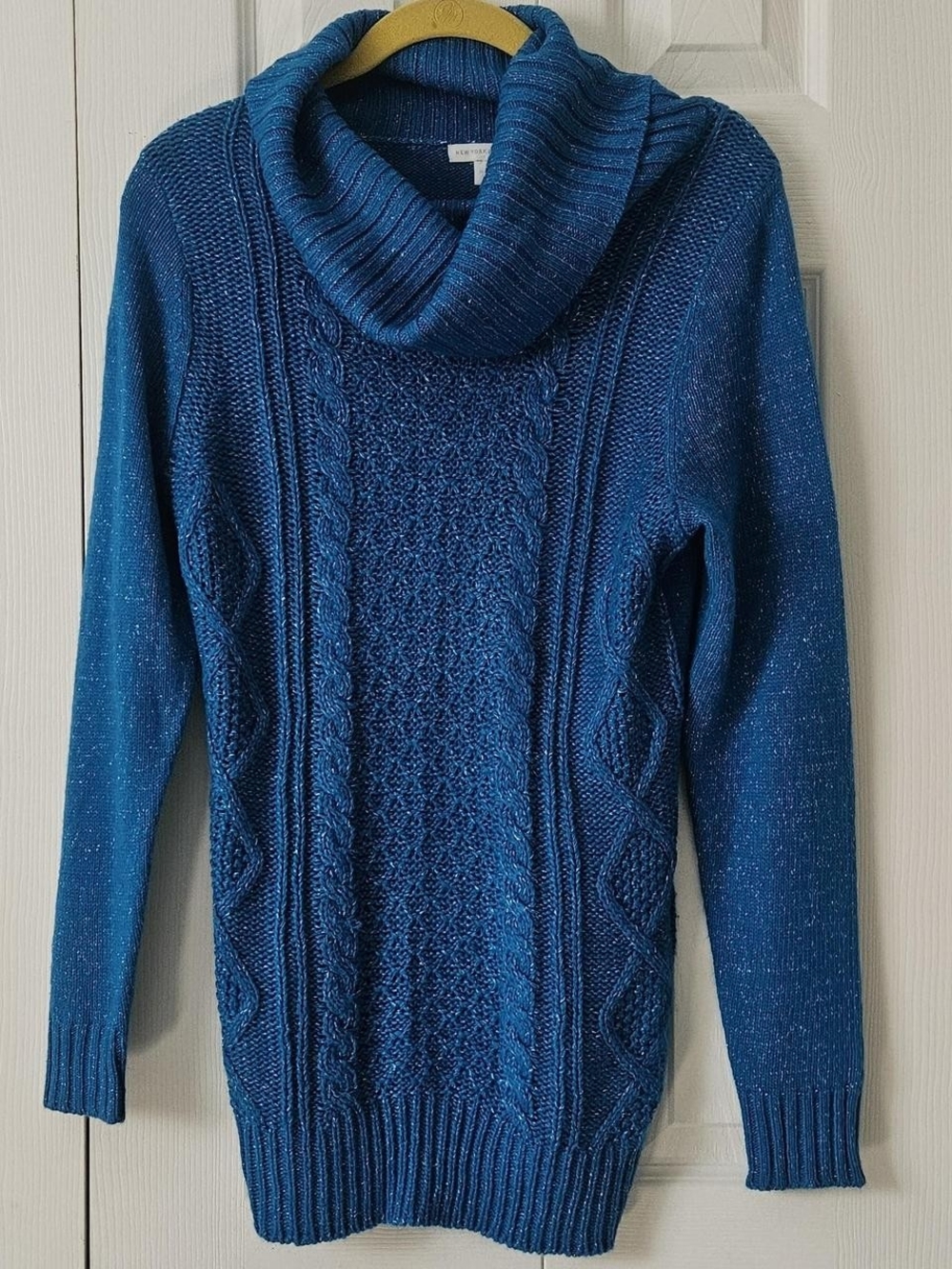 New York & Company Blue Sparkle Cowl Neck Cable Knit Sweater